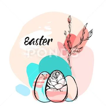 Hand drawn vector abstract creative Easter greeting illustration with floral Stock Illustration