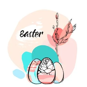 Hand drawn vector abstract creative Easter greeting illustration with floral Stock Illustration