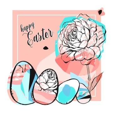 Hand drawn vector abstract creative Happy Easter greeting illustration with Stock Illustration