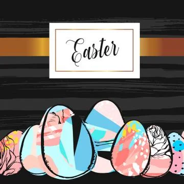 Hand drawn vector abstract creative Happy Easter greeting illustration with Stock Illustration