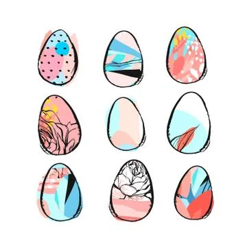 Hand drawn vector abstract creative Easter brush painted eggs collection set Stock Illustration