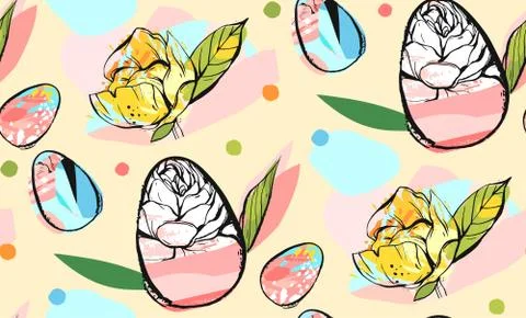 Hand drawn vector abstract creative universal Happy Easter seamless pattern Stock Illustration