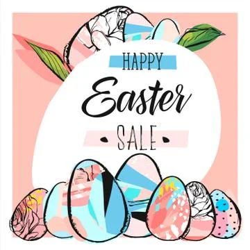 Hand drawn vector abstract creative Easter sale card template with Spring 스톡 일러스트