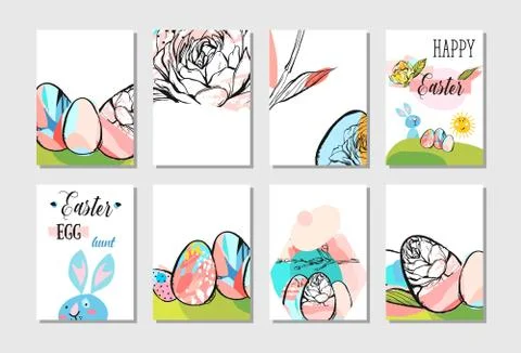 Hand drawn vector abstract creative Easter greeting card design collection set Stock Illustration