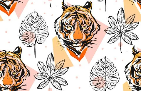 Hand drawn vector abstract creative seamless pattern with tiger face Stock Illustration