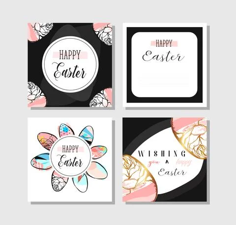 Hand drawn vector abstract creative Easter greeting postcards collection set Stockillustratie