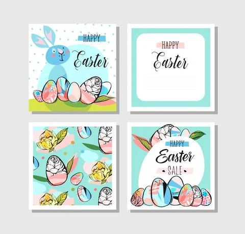 Hand drawn vector abstract creative Happy Easter greeting cards design Stock Illustration