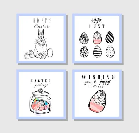 Hand drawn vector abstract creative Easter greeting postcard collection set Stockillustratie