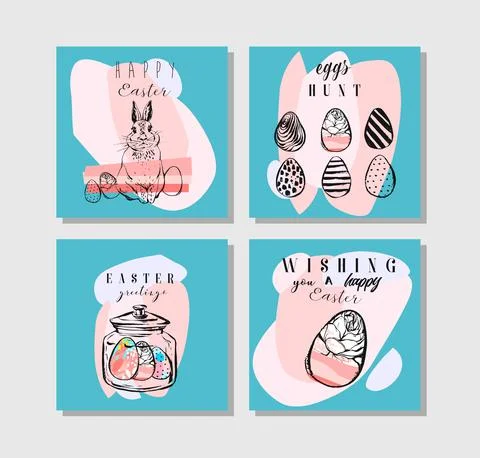 Hand drawn vector abstract creative Easter greeting postcards collection set 库存插图