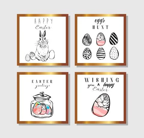 Hand drawn vector abstract creative Easter greeting postcard collection set Stock Illustration