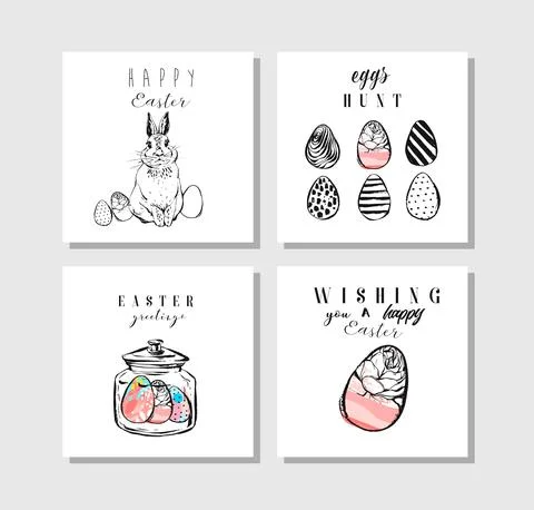 Hand drawn vector abstract creative Easter greeting cards collection set 库存插图