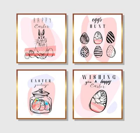 Hand drawn vector abstract creative Easter greeting postcards collection set Stock Illustration