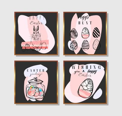 Hand drawn vector abstract creative Easter greeting postcards collection set Stock Illustration