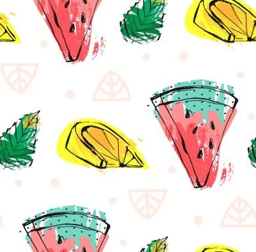 Hand drawn vector abstract cute funny summer time fruits seamless pattern with Stock Illustration