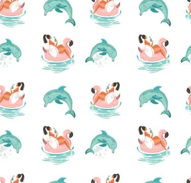 Hand drawn vector abstract cute summer time seamless pattern with beach girl Illustrazione stock