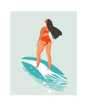 Hand drawn vector abstract cute summer time beach surfer girl illustration with Stock Illustration