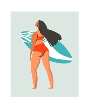 Hand drawn vector abstract cute summer time beach surfer girl illustration with Stock Illustration