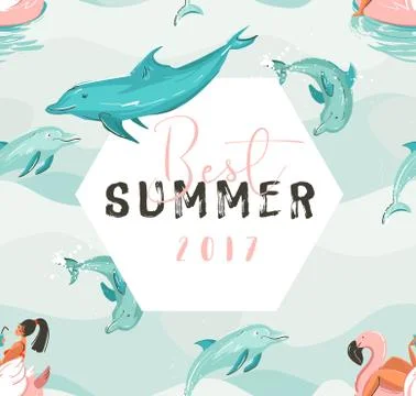 Hand drawn vector abstract cute summer time card with beach girl swimming on イラスト素材