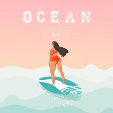 Hand drawn vector abstract cute summer time beach surfer girl illustration with Stock Illustration