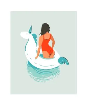 Hand drawn vector abstract cute summer time fun beach young girl illustration Stock Illustration