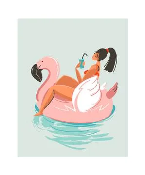 Hand drawn vector abstract cute summer time beach girl swimming on pink flamingo Illustrazione stock
