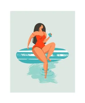 Hand drawn vector abstract cute summer time beach surfer girl illustration with Stock Illustration