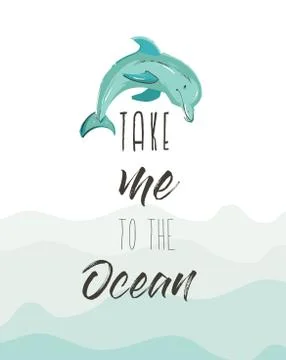 Hand drawn vector abstract cute summer time illustration poster with dolphin and Stock Illustration