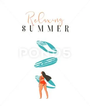 Hand drawn vector abstract cute summer time beach surfer girl illustration with Stock Illustrationen
