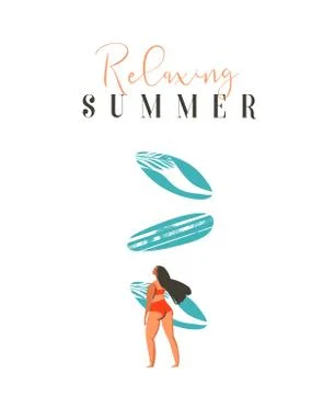 Hand drawn vector abstract cute summer time beach surfer girl illustration with Stock Illustration