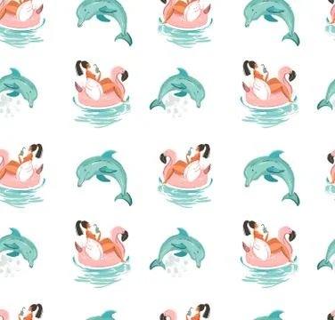 Hand drawn vector abstract cute summer time seamless pattern with beach girl Illustrazione stock