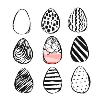 Hand drawn vector abstract Easter brush painted eggs collection set with floral Illustrazione stock