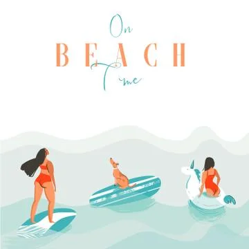 Hand drawn vector abstract exotic summer time funny illustration with surfer Stock Illustration