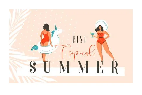 Hand drawn vector abstract exotic summer time funny illustration with girls Stock Illustration
