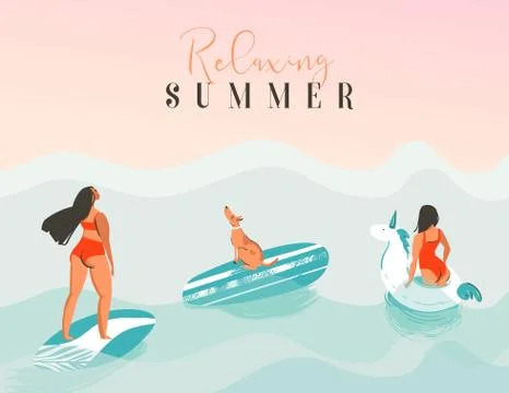 Hand drawn vector abstract exotic summer time funny illustration with surfer Stock Illustration