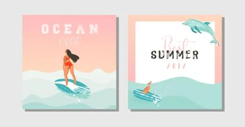 Hand drawn vector abstract exotic summer time funny save the date cards set Stock Illustration