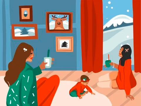 Hand drawn vector abstract flat Merry Christmas,and Happy New Year cartoon Stock Illustration