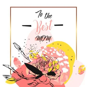 Hand drawn vector abstract floral collage with To the best mom calligraphy quote 스톡 일러스트