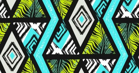 Hand drawn vector abstract freehand textured seamless tropical pattern collage Stock Illustration
