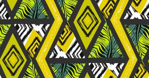 Hand drawn vector abstract freehand textured seamless tropical pattern collage Stock Illustration