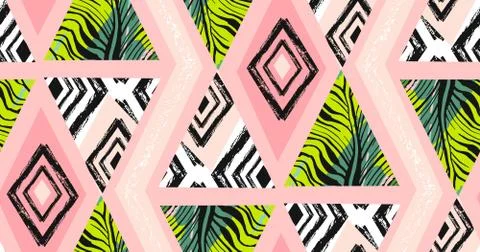 Hand drawn vector abstract freehand textured seamless tropical pattern collage 스톡 일러스트
