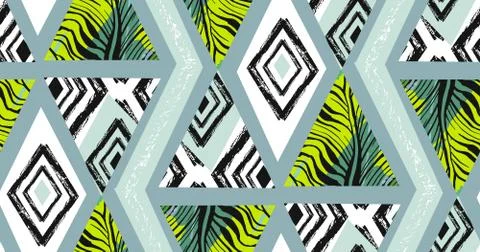 Hand drawn vector abstract freehand textured seamless tropical pattern collage イラスト素材
