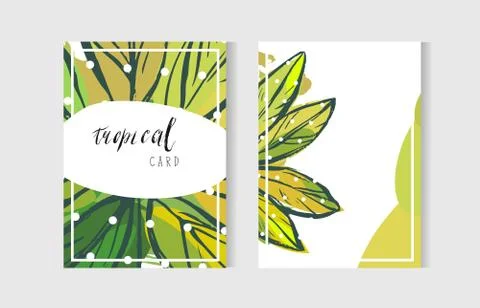 Hand drawn vector abstract freehand textured unusual tropical cards set Illustrazione stock