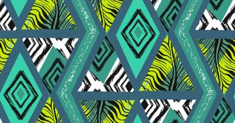 Hand drawn vector abstract freehand textured seamless tropical pattern collage Stock Illustration