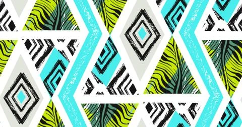 Hand drawn vector abstract freehand textured seamless tropical pattern collage Illustrazione stock