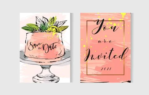 Hand drawn vector abstract freehand textured unusual save the date cards set Stock Illustration
