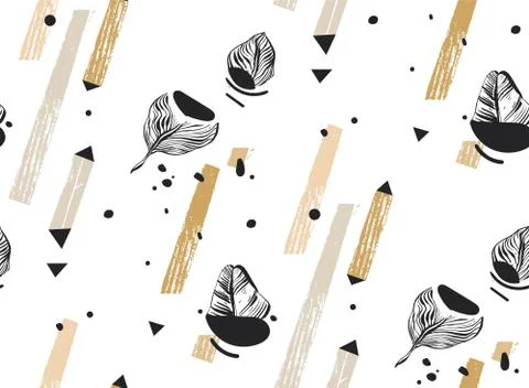 Hand drawn vector abstract freehand textured seamless tropical pattern collage Stock Illustration