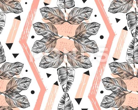 Hand drawn vector abstract freehand textured seamless tropical pattern collage Stock Illustration