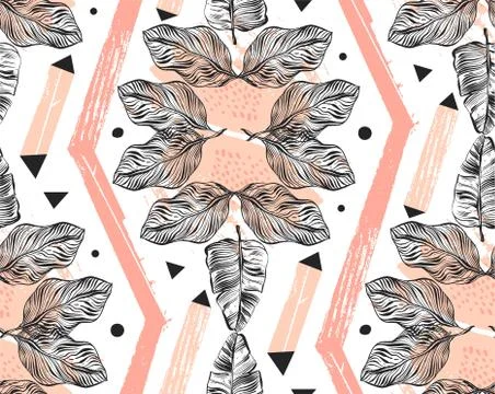 Hand drawn vector abstract freehand textured seamless tropical pattern collage Stock Illustration