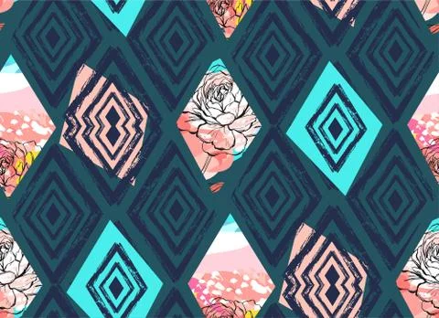 Hand drawn vector abstract freehand textured collage seamless pattern with イラスト素材