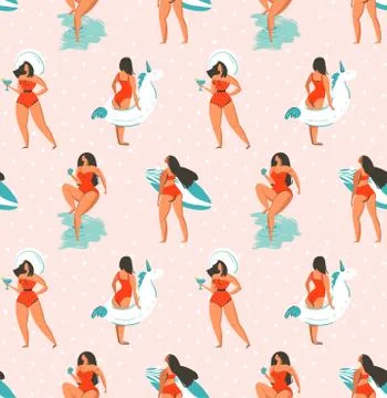 Hand drawn vector abstract fun summer time illustration seamless pattern with Stock Illustration